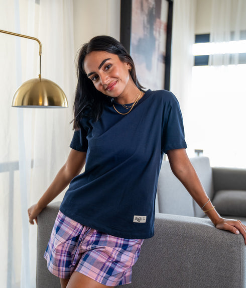 Women summer pajama set Dark Blue Tee + Purple X Navy Plaid shorts